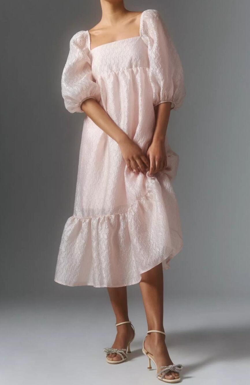 By Anthropologie Textured Puff-Sleeve Midi Dress in Pink